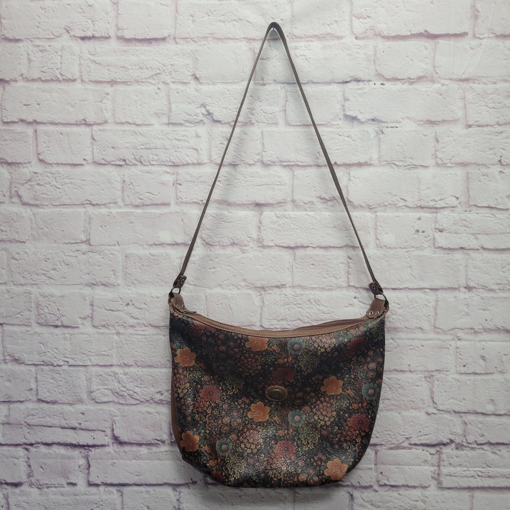 VTG‎ Bonjour Floral Faux Leather Purse Handbag Long Strap Crossbody Boho Cottage